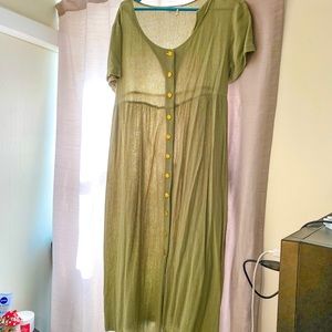 Sage green vintage maxi button up dress with tie string & gold buttons